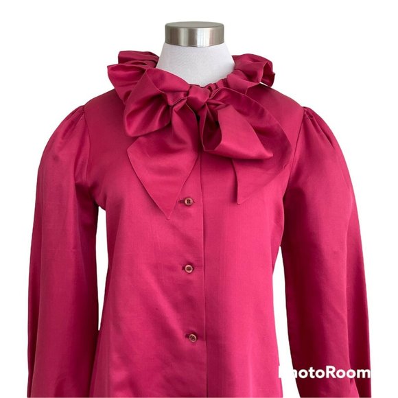 Vintage 1970’s Cranberry Silk Pussy Bow Blouse Samuel Roberts Puff Sleeve Top - Picture 3 of 9